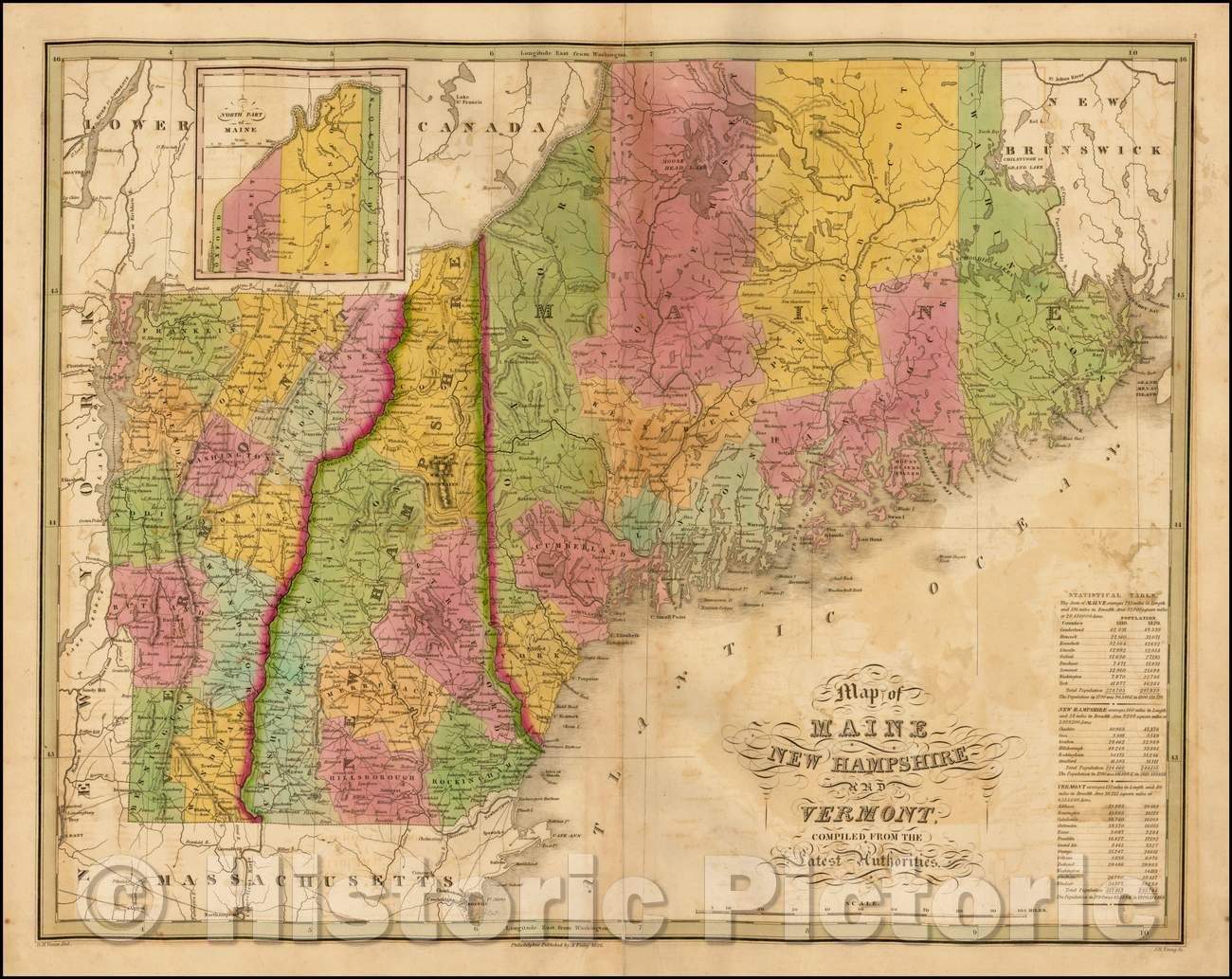 Historic Map - Map of Maine, New Hampshire and Vermont, 1826, Anthony Finley - Vintage Wall Art