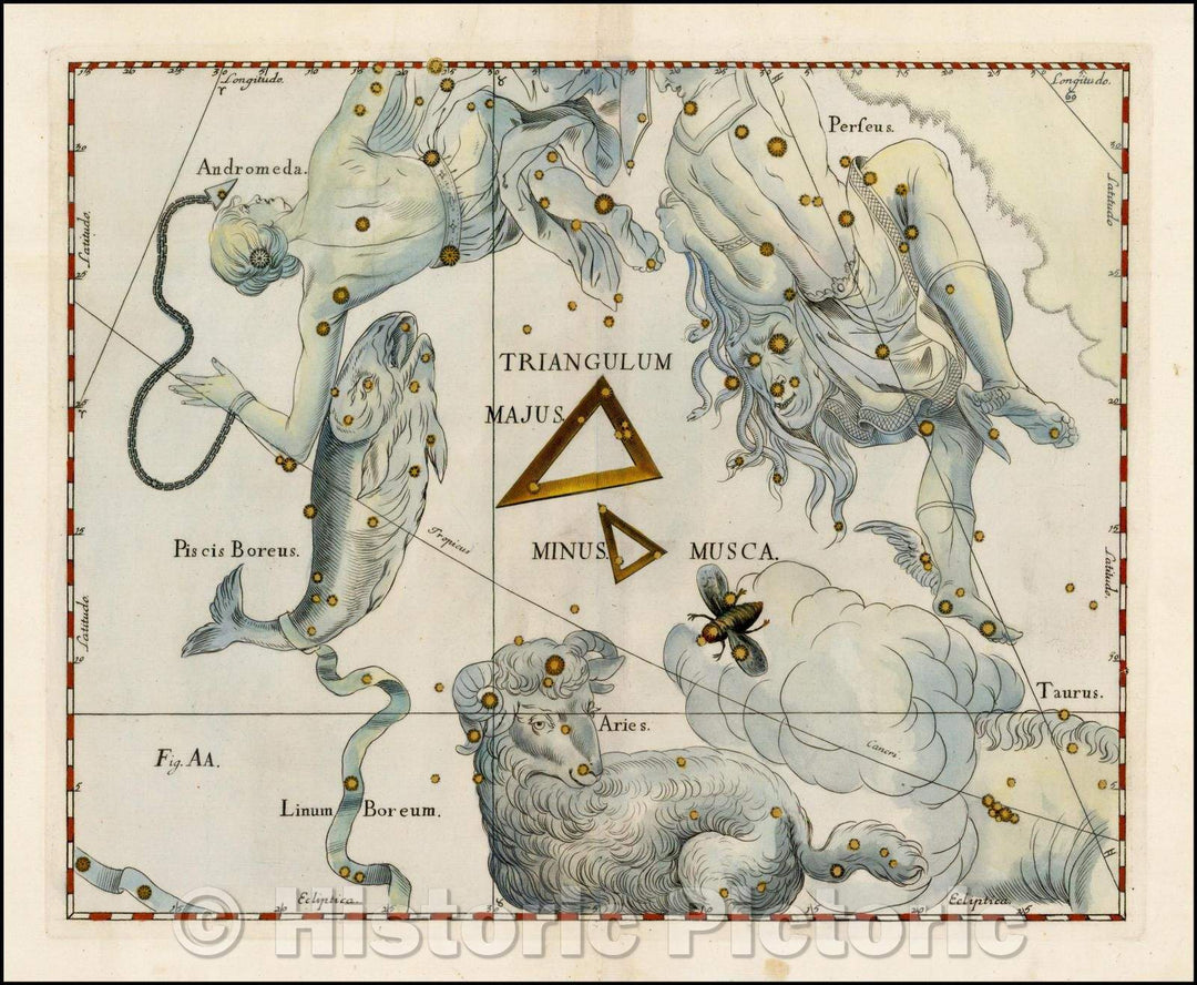 Historic Map - Triangulum Majus, Triangulum Minus & Musca/Johannes Hevelius's Chart of the constellation Triangulum Majus, 1687, Johannes Hevelius - Vintage Wall Art