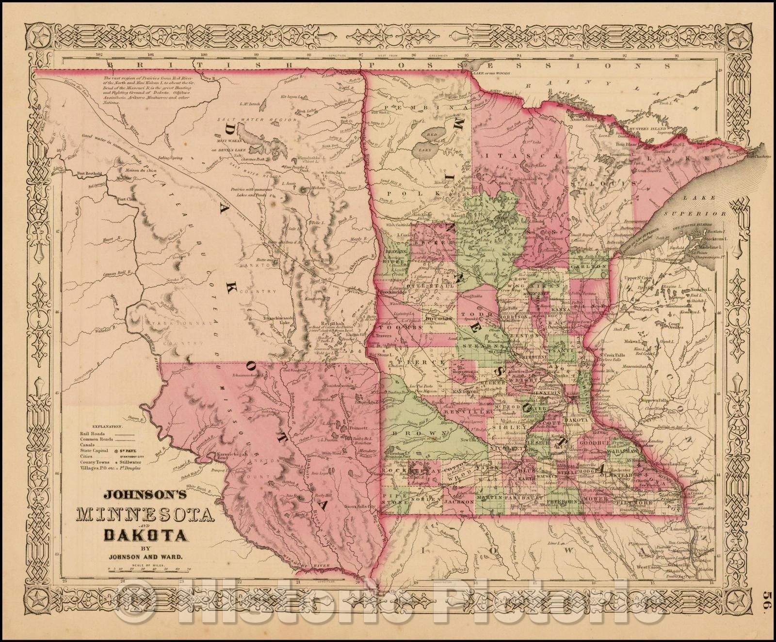 Historic Map - Johnson's Minnesota and Dakota, 1864, Benjamin Ward v2