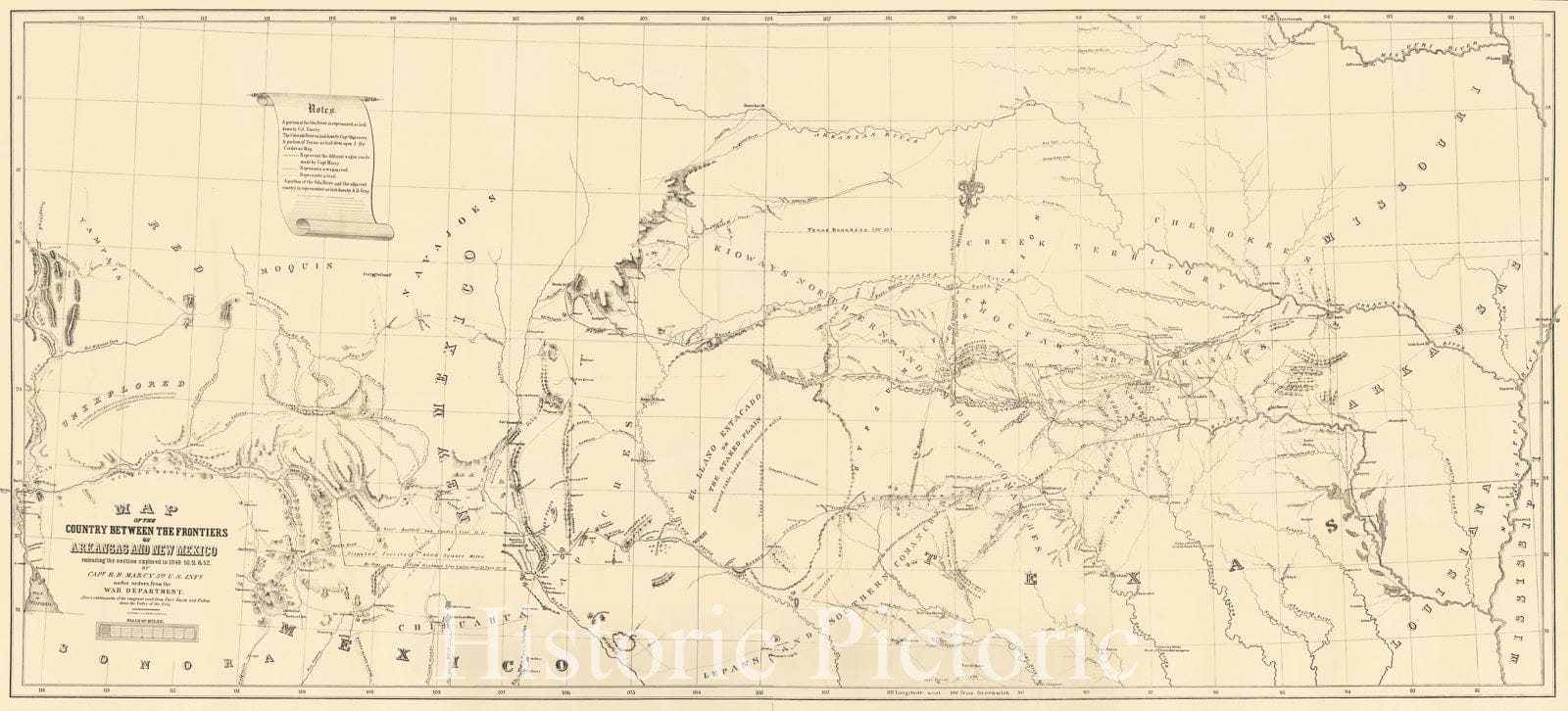 Historic Map - Map of the Country between the Frontiers of Arkansas and New Mexico Embracing the Section Explored in 1849. 50. 51. & 52, 1853, R.B. Marcy - Vintage Wall Art