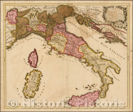 Historic Map - L'Italia con Le sue Poste e Strade Principali descritta da Giacomo Cantelli/Italy with Her Post and Highways described by Giacomo Cantelli, 1701 - Vintage Wall Art