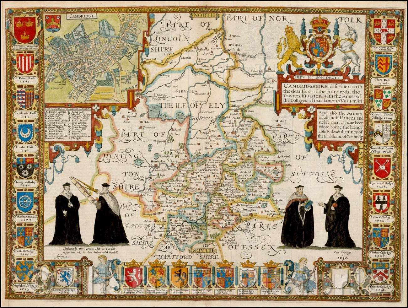 Historic Map - Cambridgshire described with the devision of the hundreds, the Townes situation with the Armes of the Colleges of that famous Universiti: 1611 v2