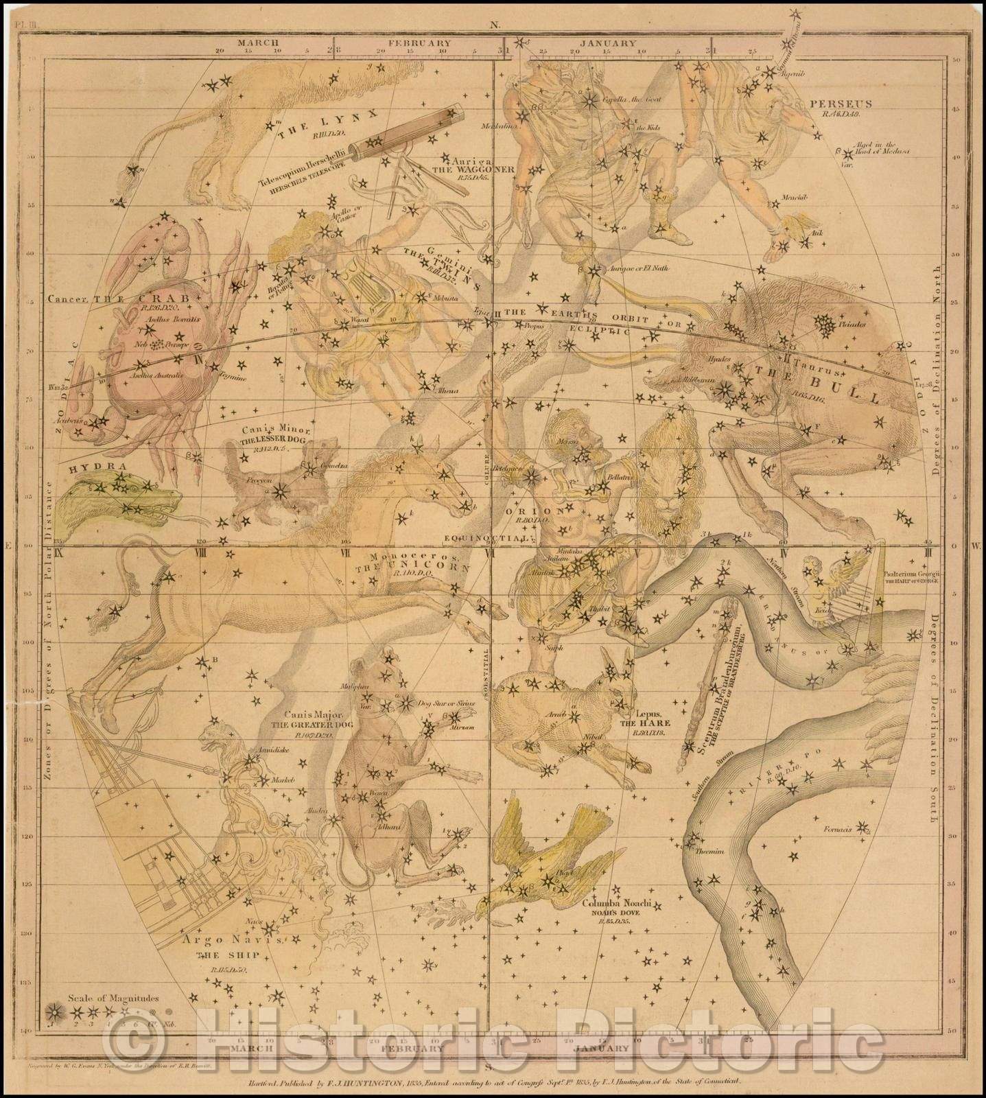 Historic Map - The January, February & March Sky - Cancer, Perseus, Gemini, Taurus, Orion, Monceros, Canis Major, Lepus, Argo Navis, Hydra, Perseus, 1835 v2