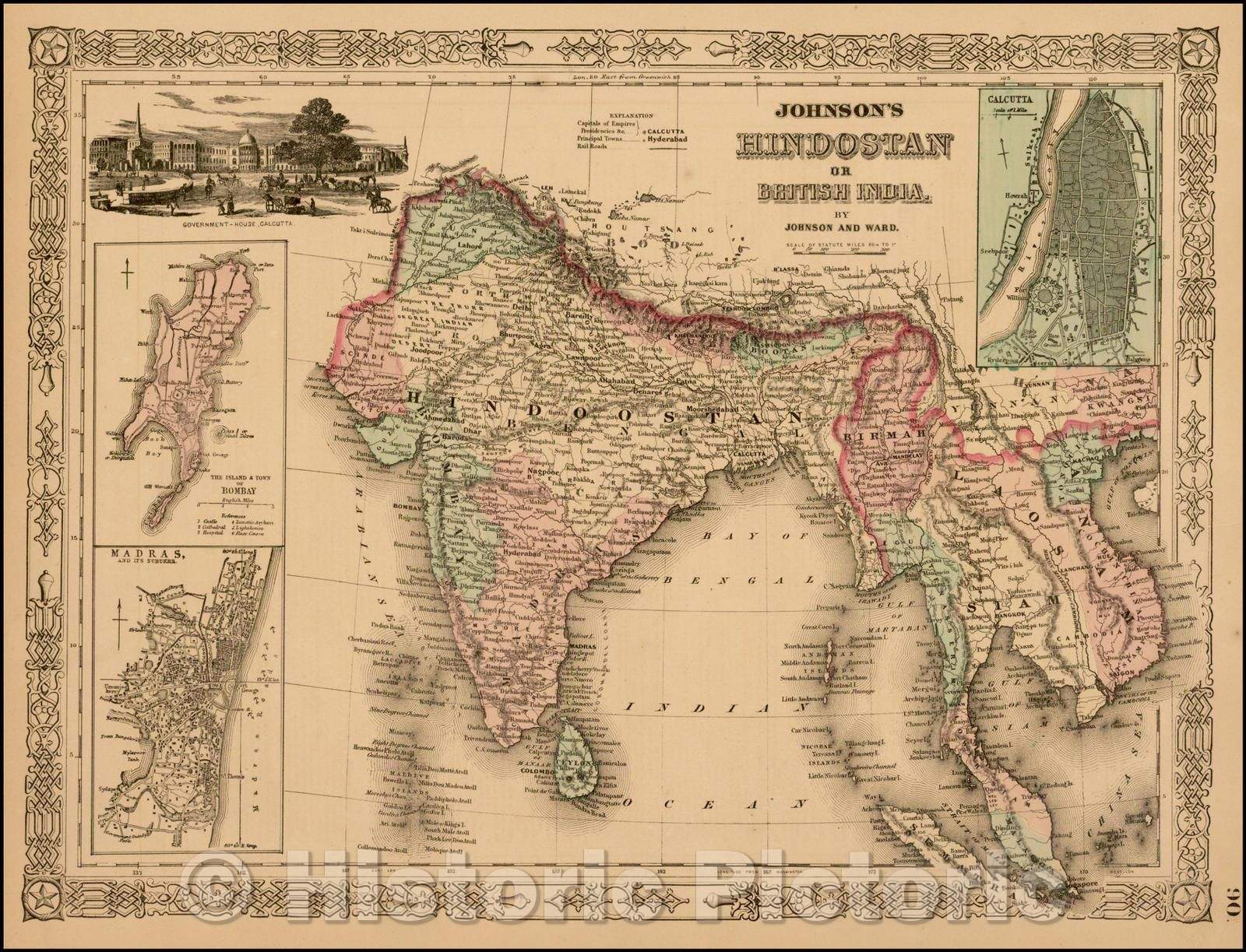Historic Map - Johnson's Hindostan or British India, 1864, Benjamin Ward - Vintage Wall Art