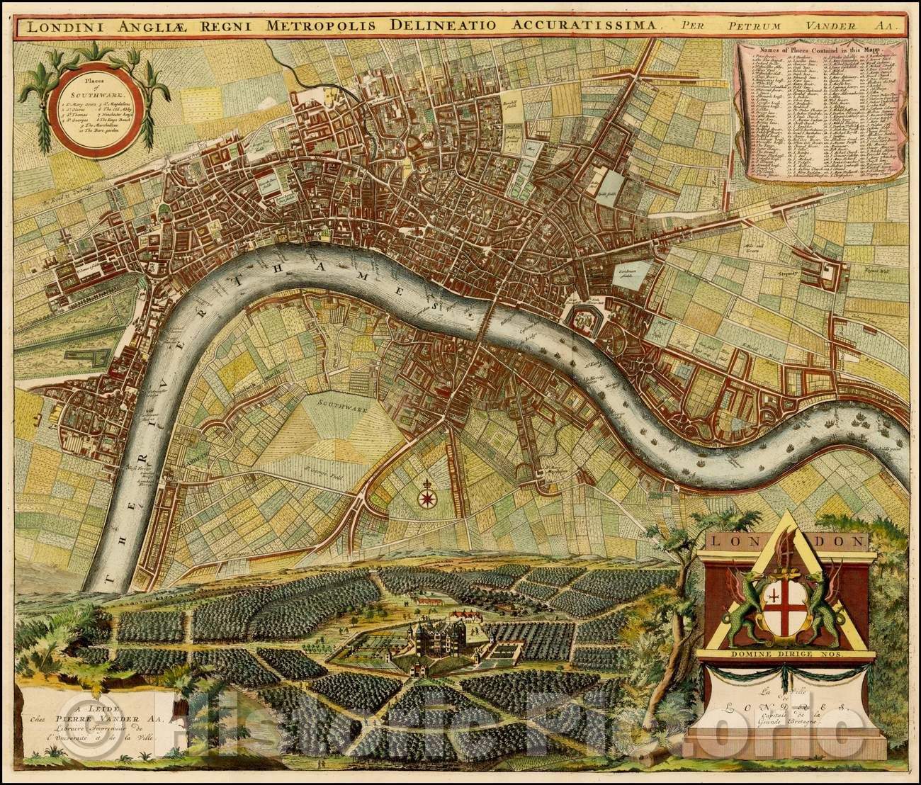 Historic Map - Londini Angliae Regni Metropolis Delineatio Accuratissima/Plan of London and environs, Johannes De Ram in Amsterdam, 1729, Pieter van der Aa - Vintage Wall Art