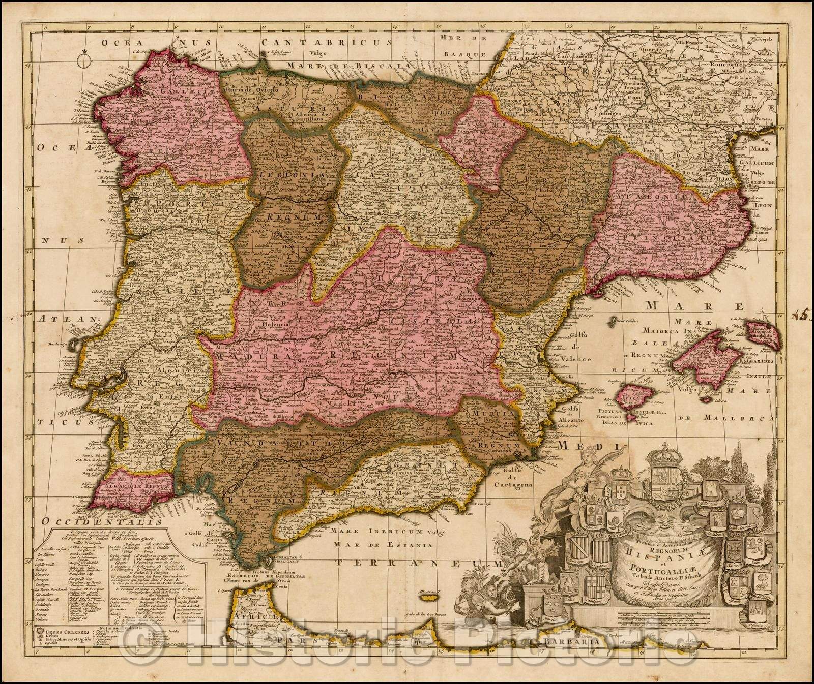 Historic Map - Novissima et Accuratissima Regnorum Hispaniae et Portugalliae/And wom Spain and Portugal. 1706, 1706, Peter Schenk - Vintage Wall Art