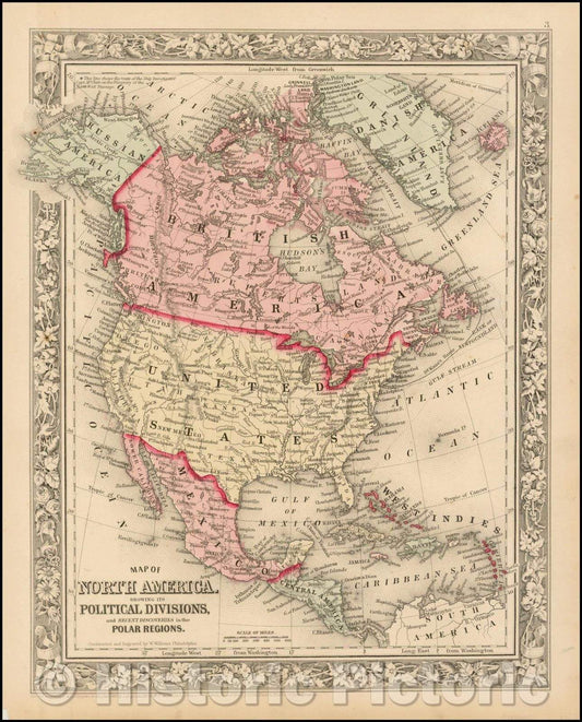 Historic Map - Map of North America Showing Its Political Divisions, and Recent Discoveries in the Polar Regions, 1864, Samuel Augustus Mitchell Jr. - Vintage Wall Art
