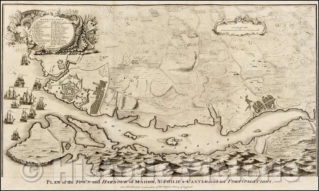 Historic Map - Plan of the Town and Harbour of Mahon, St. Philip's Castle, and its Fortfications, 1747, Paul de Rapin de Thoyras v1