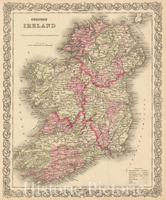 Ireland - County and Transportation Map, 1876 | Historical Map Print