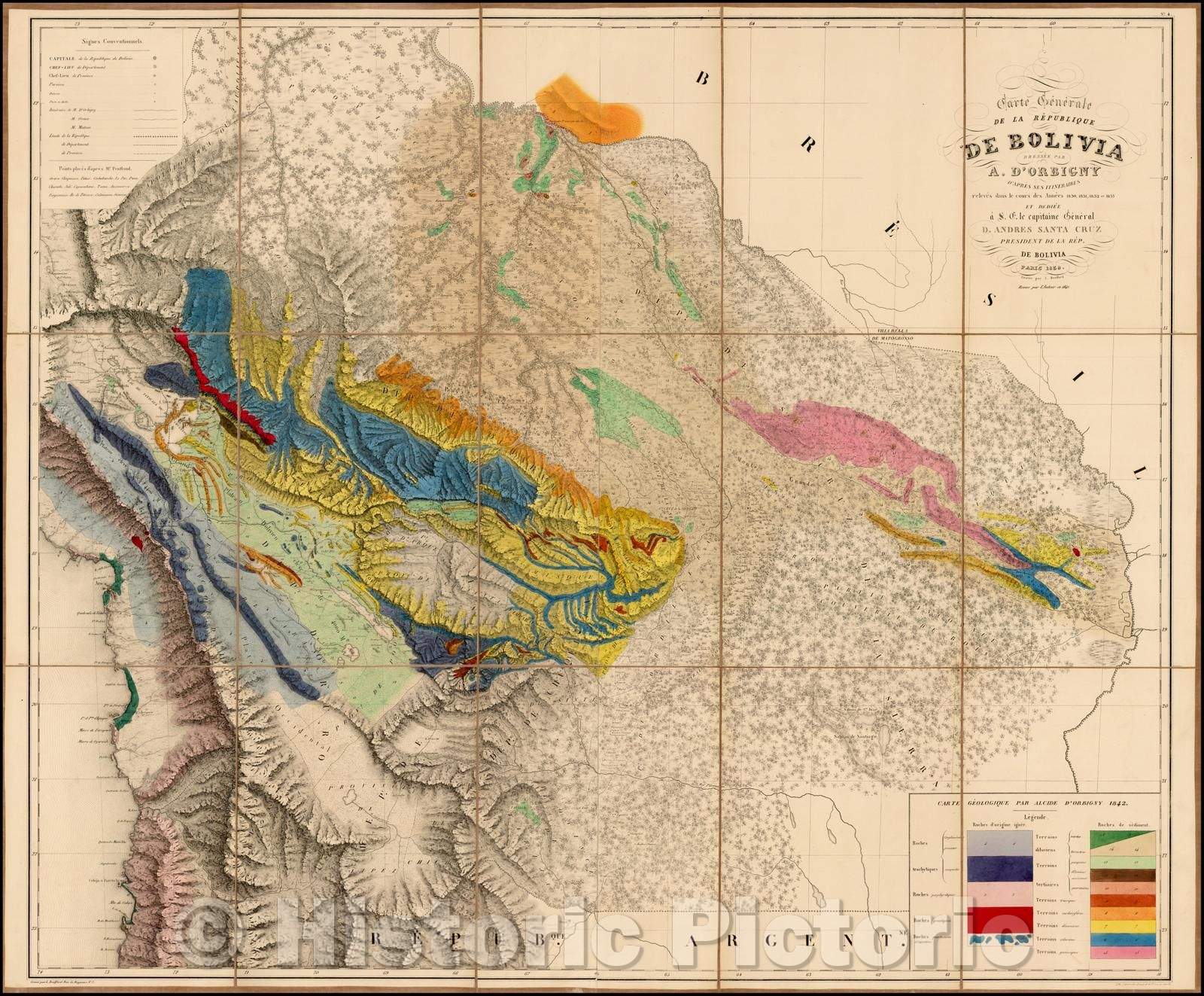 Historic Map - Carte Generale de la Republique De Bolivia Dressee par A'D'Orbigny D'Apres Ses Interaires/D'Orbigny's Map of Bolivia, 1842, Alcide d'Orbigny - Vintage Wall Art