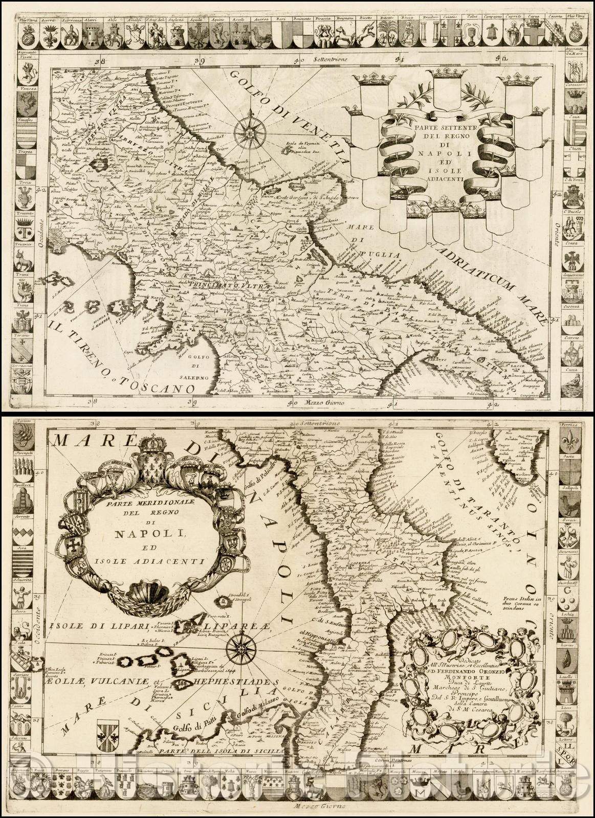 Historic Map - Parte Settentr: Del Regno Di Napoli Ed Isole Adiacenti (and) Parte Meridio, 1690 - Vintage Wall Art