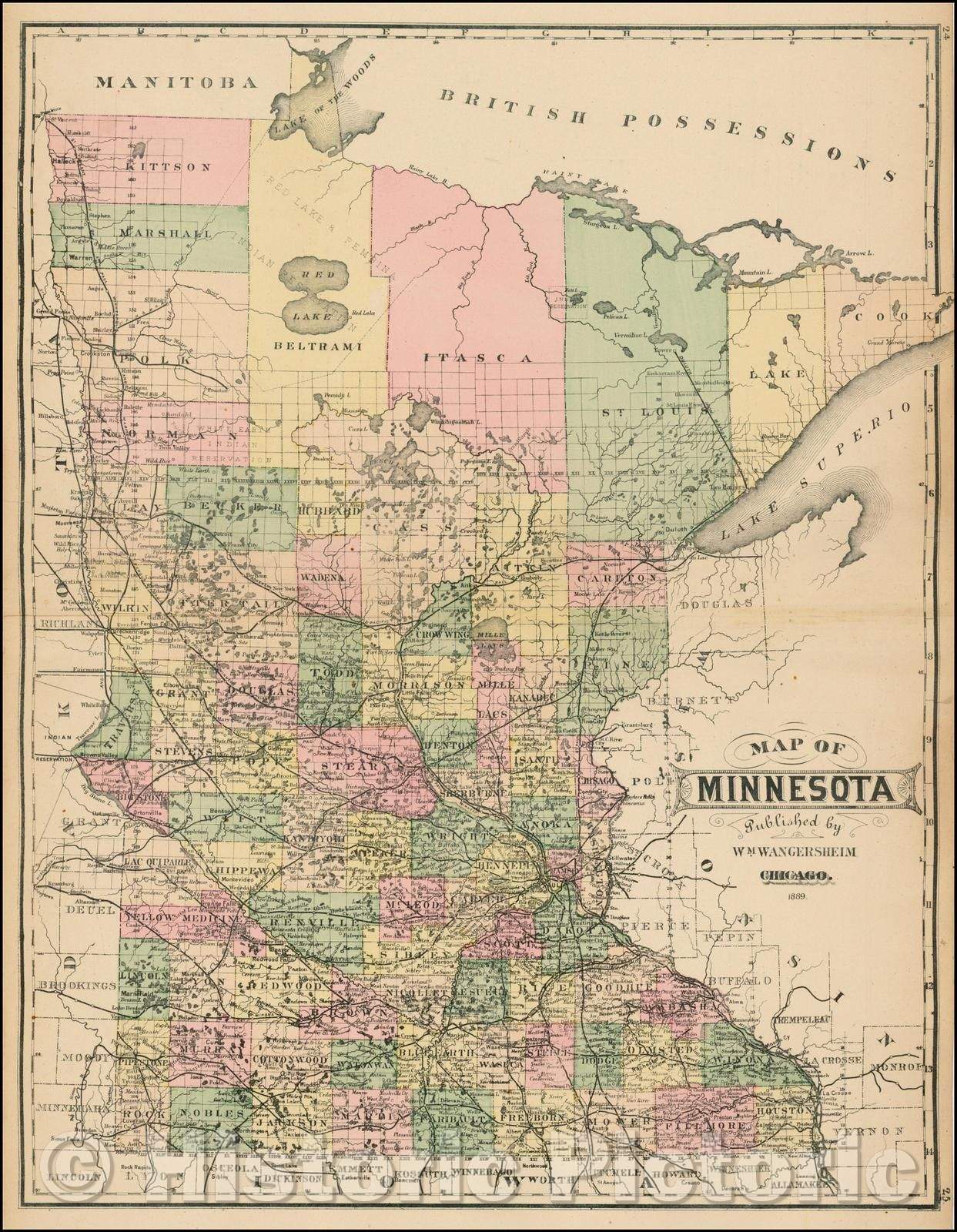 Historic Map - Map of Minnesota, 1889, William Wangersheim - Vintage Wall Art