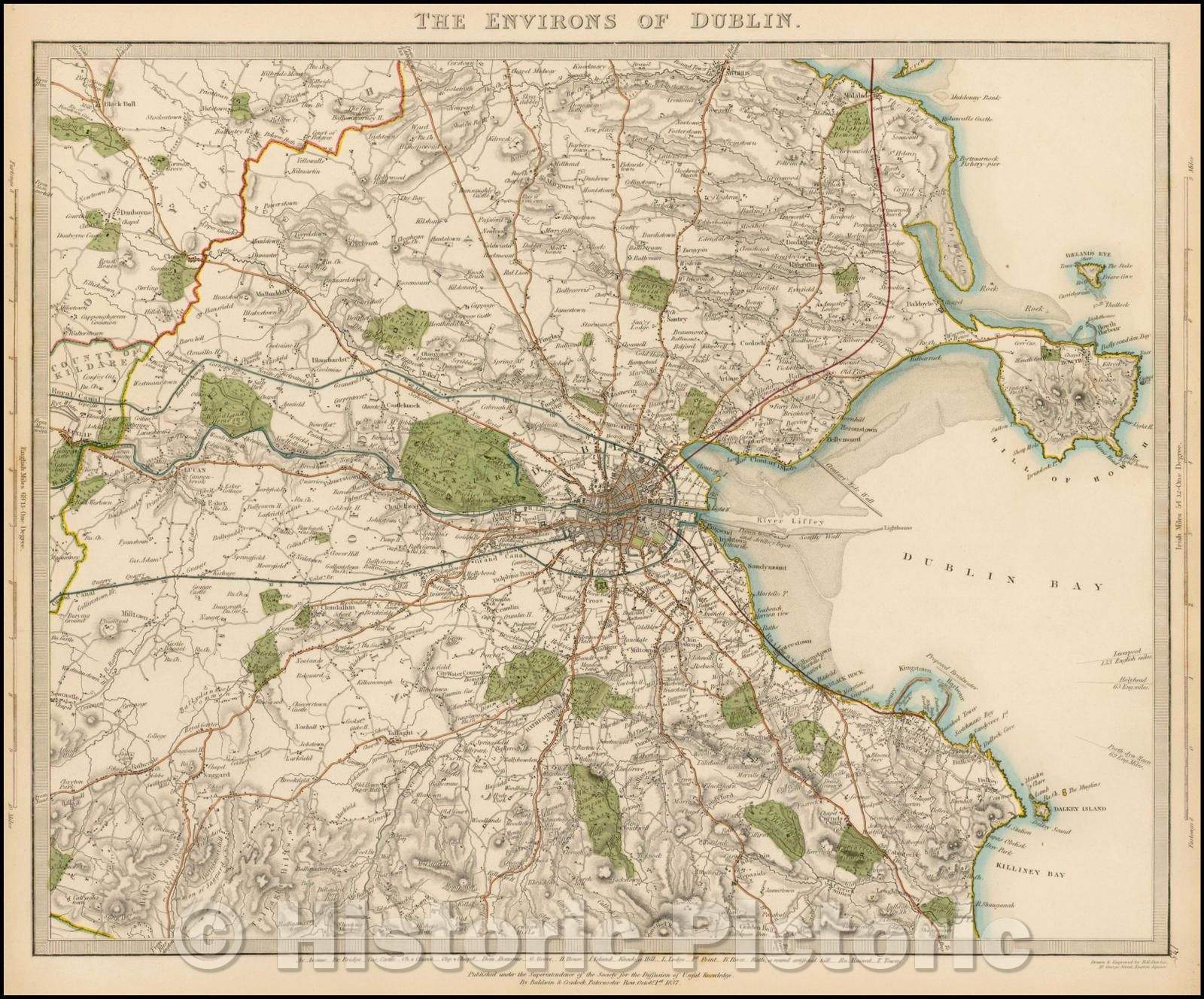 Historic Map - The Environs of Dublin, 1837, SDUK - Vintage Wall Art