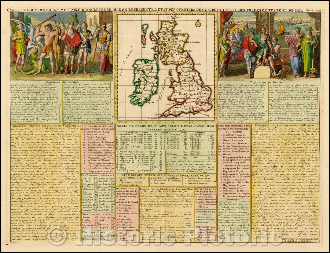 Historic Map - Carte Du Gouvernement Militaire D'Angleterre Ou L'On Represente L'Etat Des Officiers De Guerre Et Celui/Map of the British Isles, 1719 - Vintage Wall Art