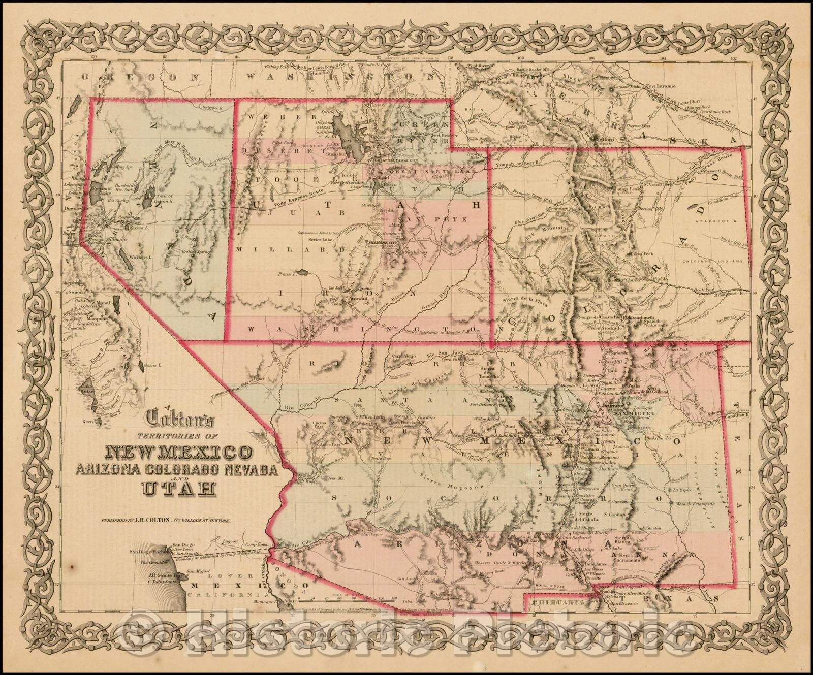 Historic Map - Colton's Territories of New Mexico Arizona Colorado Nevada and Utah, 1861, Joseph Hutchins Colton - Vintage Wall Art