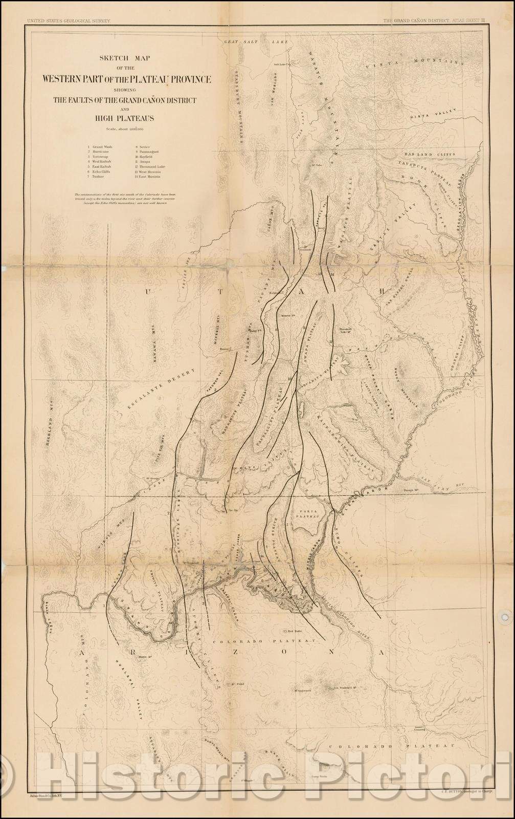 Historic Map - Sketch Map of the Western Part of the Plateau Province Showing the Faults of the Grand Ca?n District and High Plateaus, 1882, Clarence E. Dutton - Vintage Wall Art