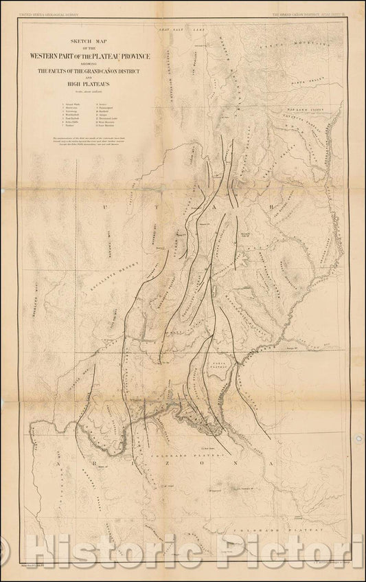 Historic Map - Sketch Map of the Western Part of the Plateau Province Showing the Faults of the Grand Ca?n District and High Plateaus, 1882, Clarence E. Dutton - Vintage Wall Art