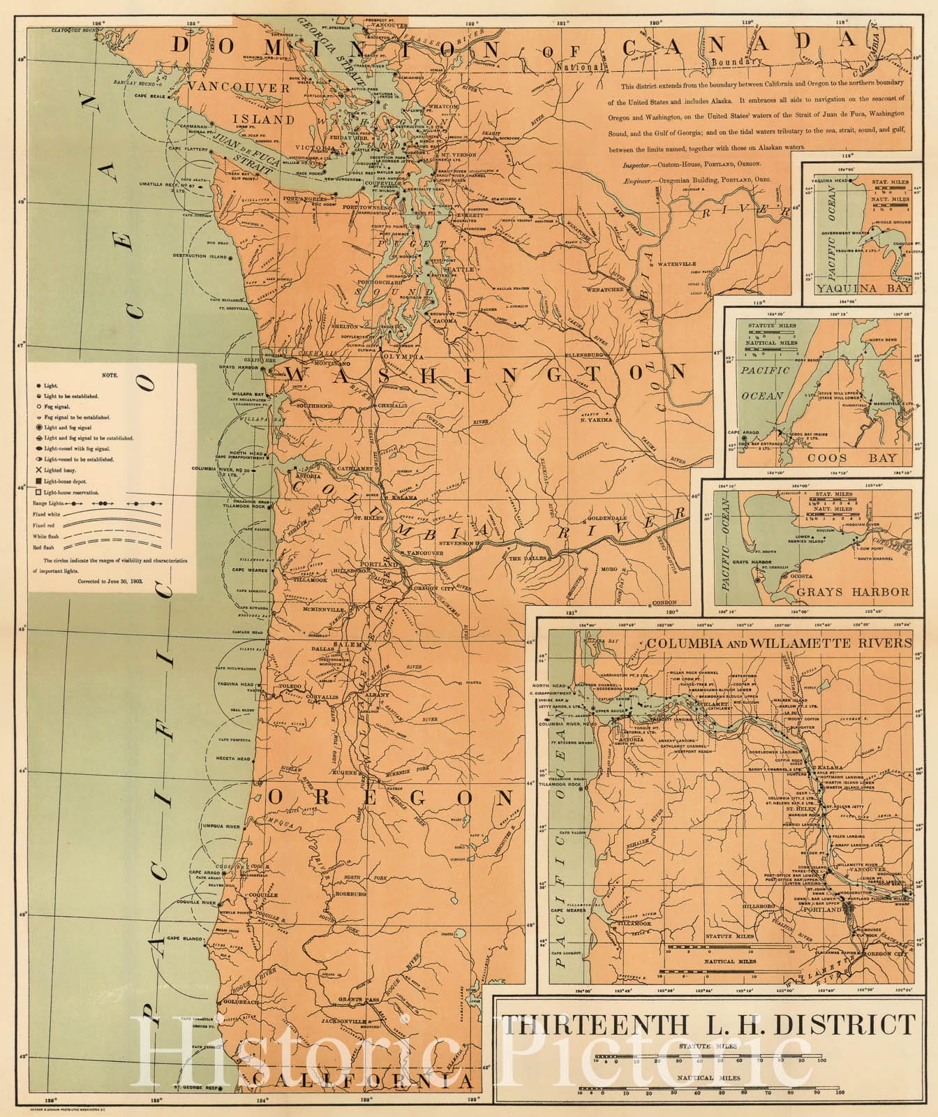 Historic Map - Thirteenth L.H. District (Oregon & Washington, Yauina Bay, Coos Bay, Grays Harbor and the Columbia and Willamette River Valleys), 1903 - Vintage Wall Art
