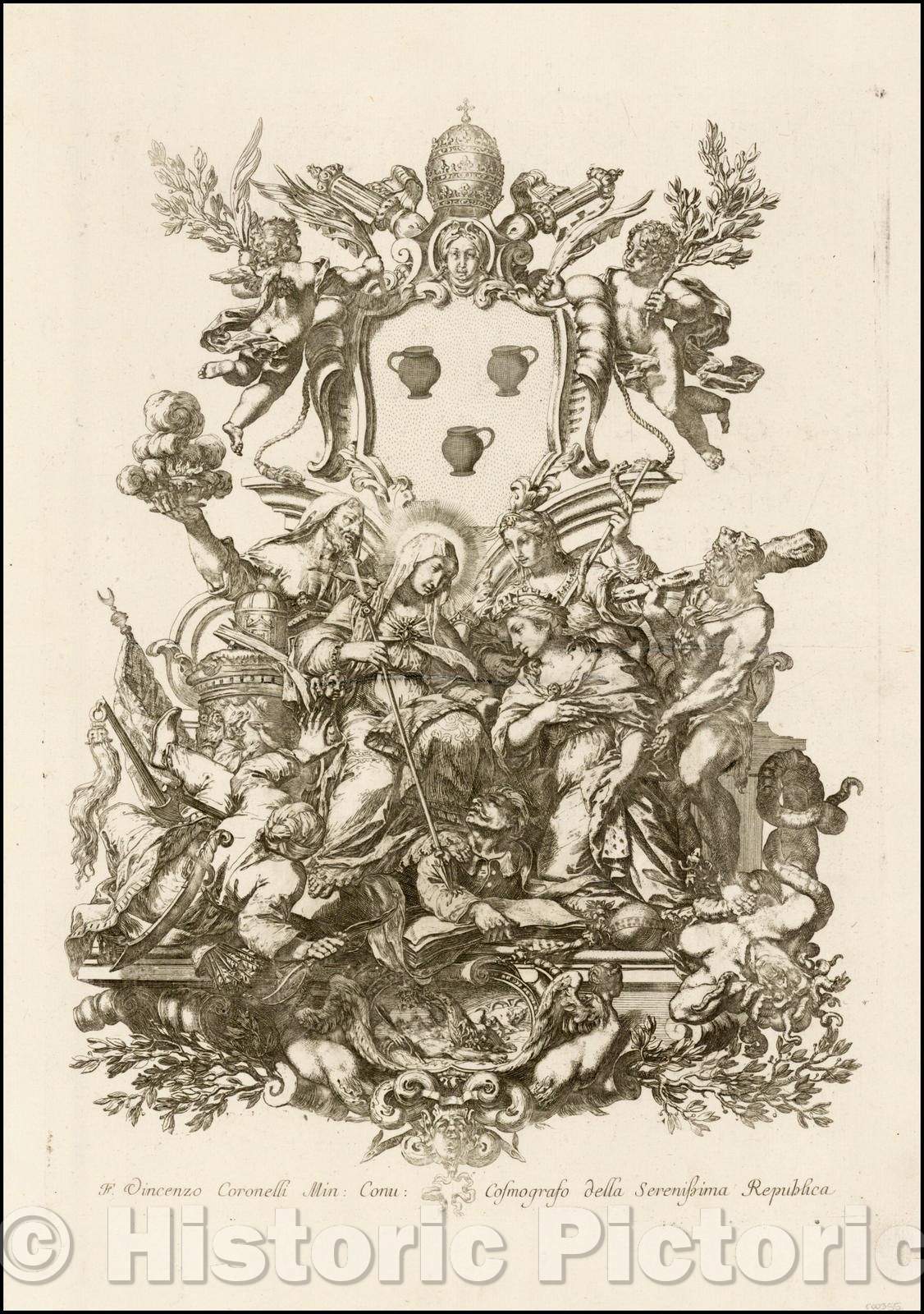 Historic Map - Engraved allegorical titlepage, 1690, Vincenzo Maria Coronelli - Vintage Wall Art