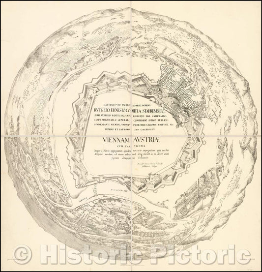 Historic Map - Vienna - 1683 Siege :: Illustriss.mo et excell.mo domino domino Rutgero Ernesto Comitia Stahremberg, aurei velleris equiti, sac. Caes, 1864 - Vintage Wall Art