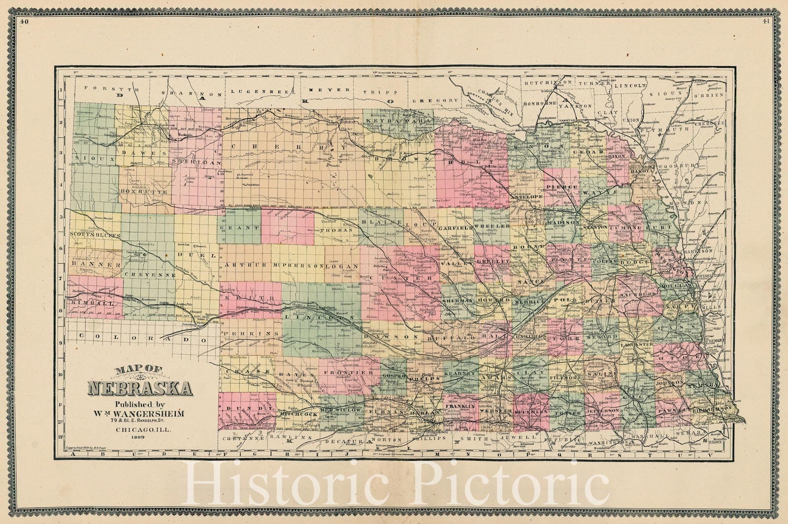 Historic Map - Map of Nebraska, 1887, HR Page & Co. - Vintage Wall Art