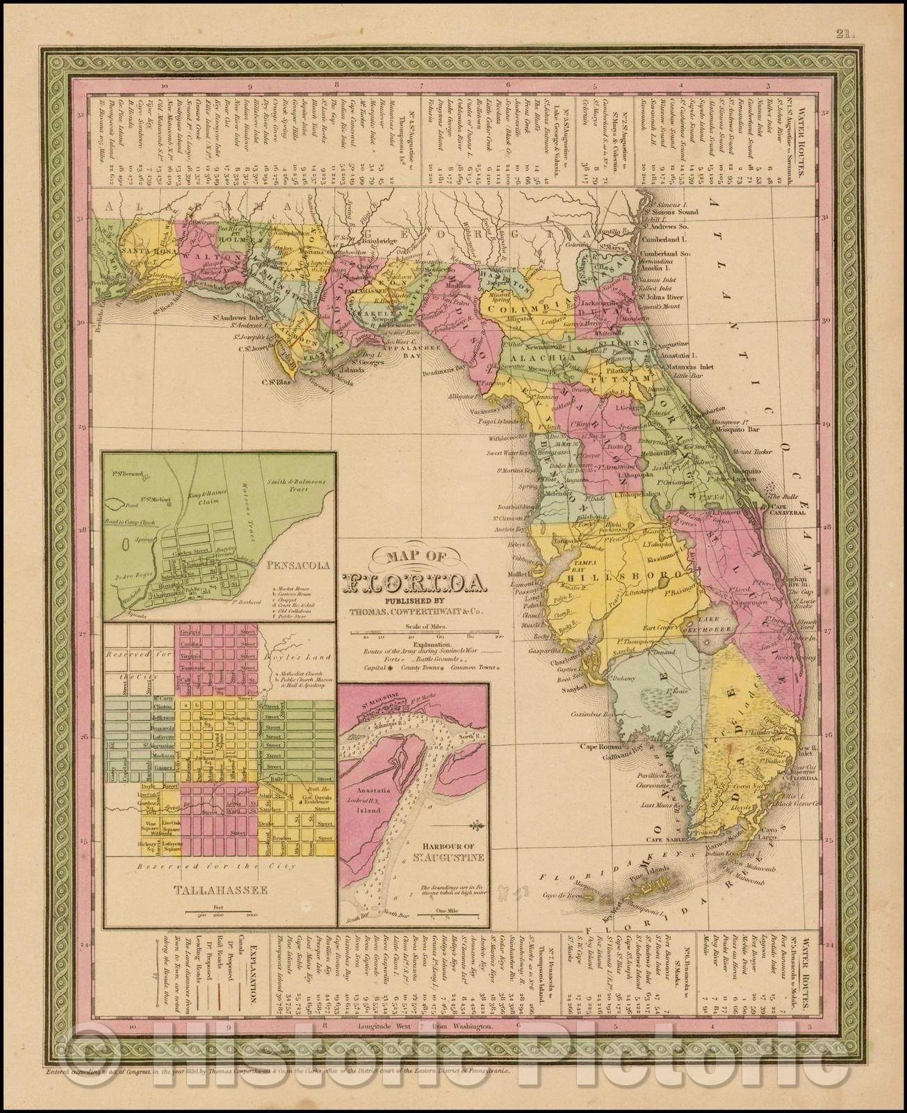 Historic Map - Map of Florida, 1854, Thomas, Cowperthwait & Co. - Vintage Wall Art