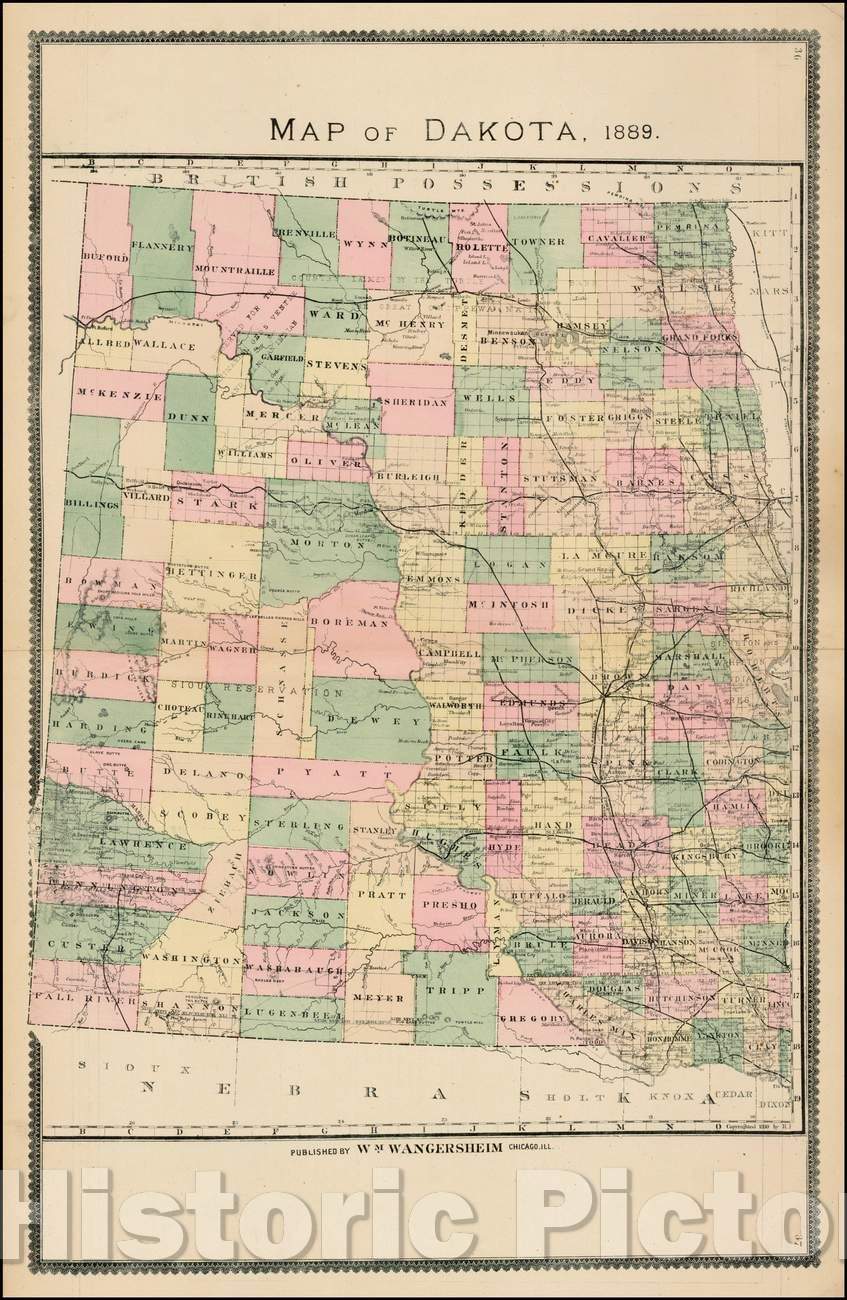 Historic Map - Page's Map of Dakota, 1889, H.R. Page - Vintage Wall Art