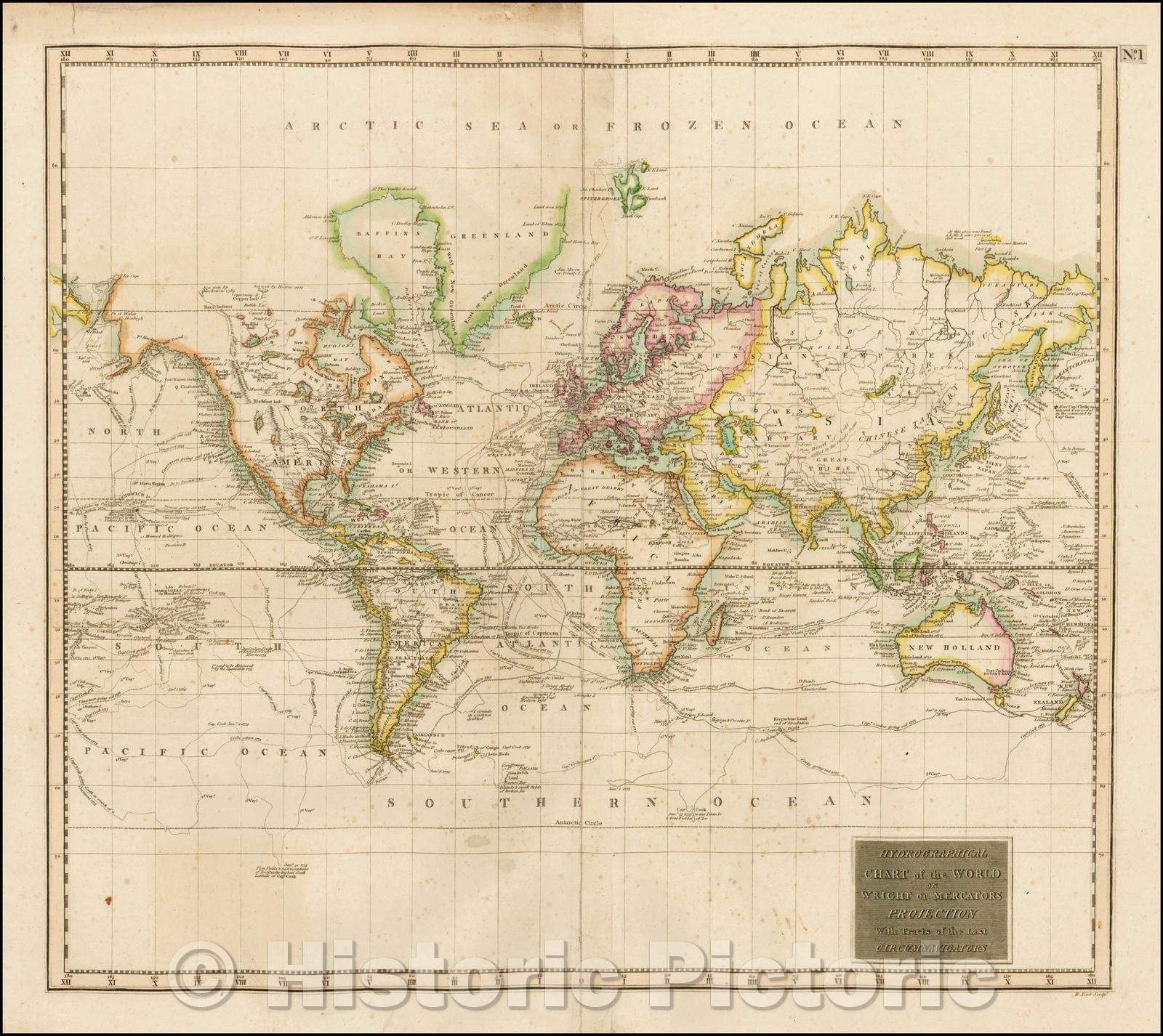 Historic Map - Hydrographical Chart of the World on Wright or Mercator's Projection With The Tracts of the Last Circumnavigators, 1814, John Thomson v2