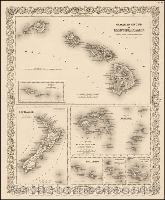 Historic Map - Hawaiian Group or Sandwich Islands [with] New Zealand [and] Feejee Group, Society Island, Marquesas and Galapagos Islands, 1855 v3