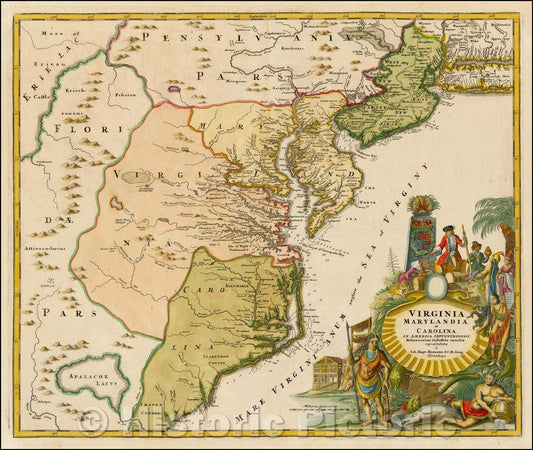 Historic Map - Virginia, Maryland, North Carolina and South Carolina/Marylandia et Carolina In America Septentrionali Britannorum, 1720, Johann Baptist Homann v6
