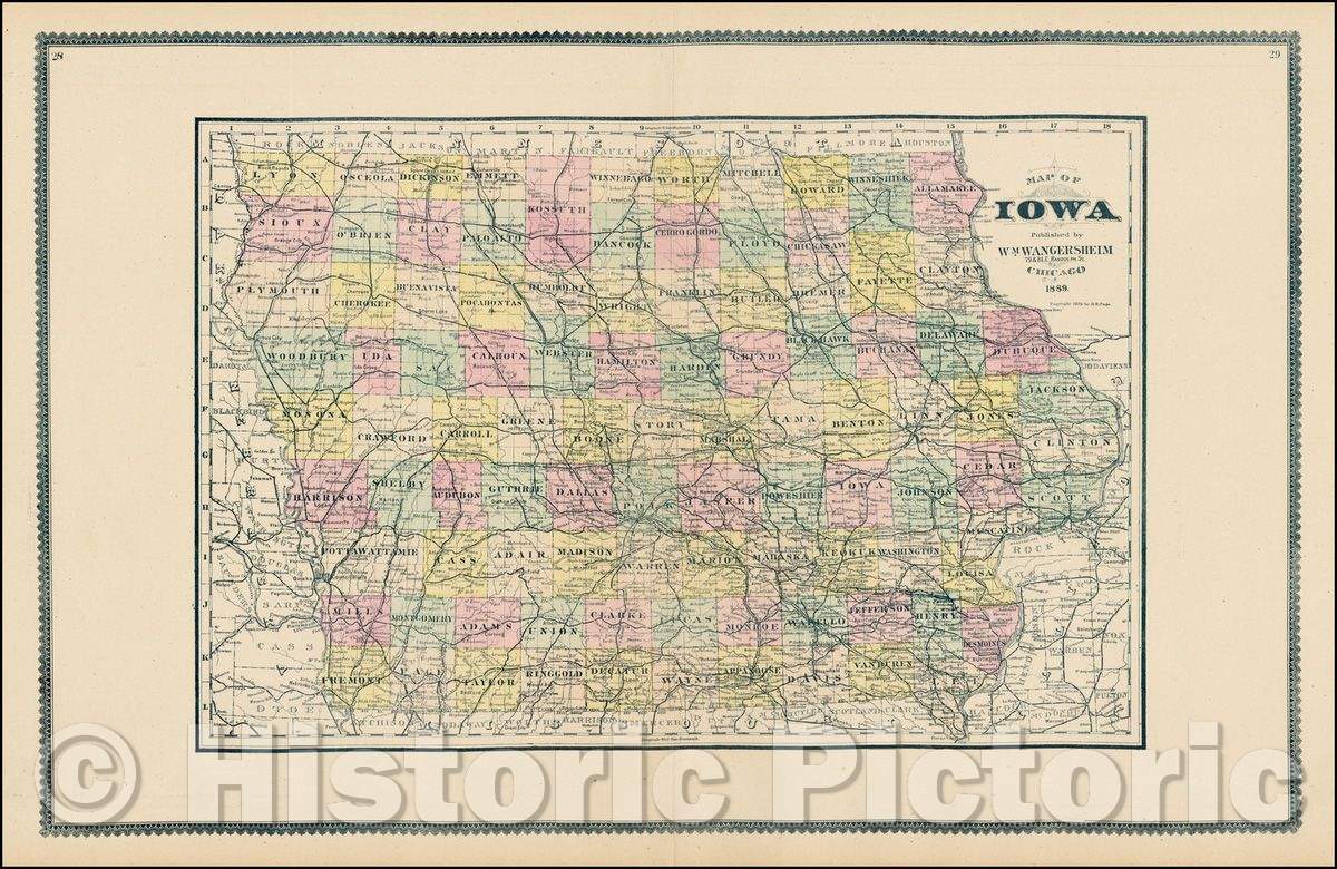 Historic Map - Iowa, 1889, H.R. Page - Vintage Wall Art