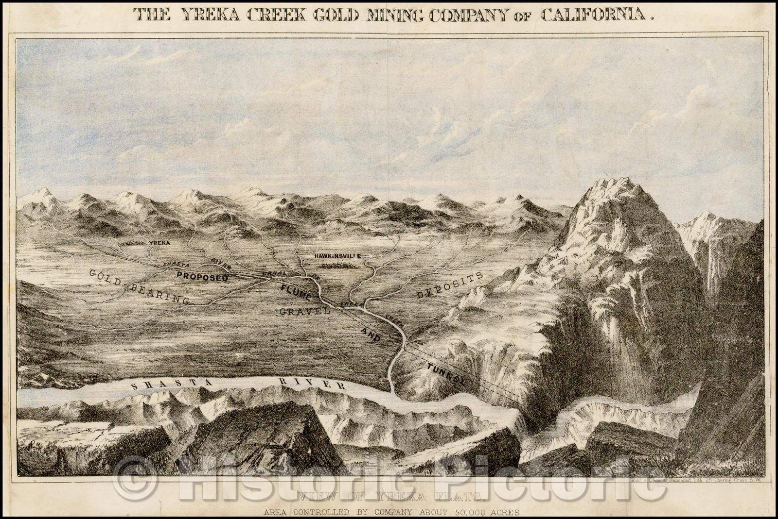 Historic Map - The Yreka Creek Gold Mining Company of California. View of Yreka Flats. Area Controlled, 1872, J. Cook & Hammond Lith. - Vintage Wall Art