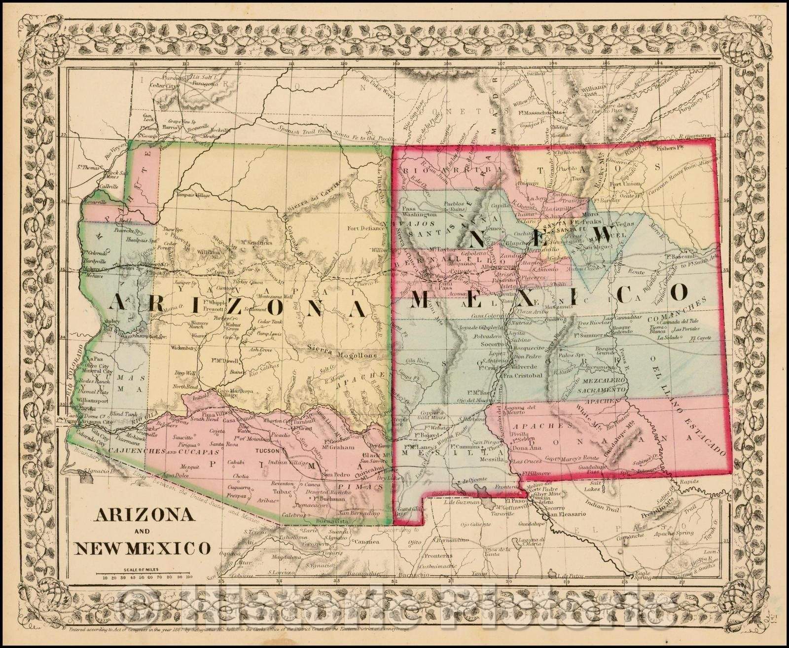 Historic Map - County Map of Arizona and New Mexico, 1867, Samuel Augustus Mitchell Jr. - Vintage Wall Art