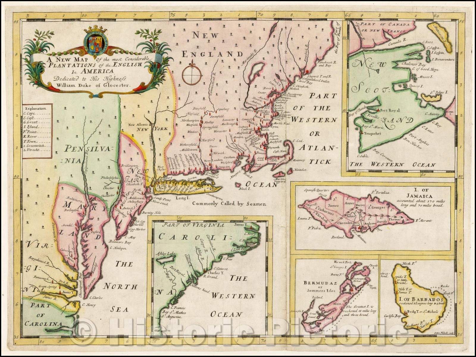 Historic Map - The most Considerable Plantations of the English In America Dedicicated to His Highness William Duke of Gloucester, 1700, Edward Wells - Vintage Wall Art