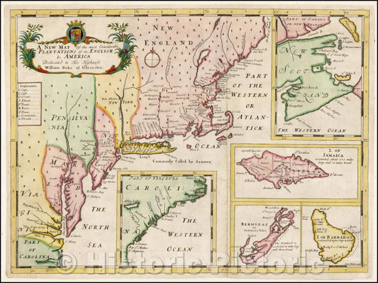 Historic Map - The most Considerable Plantations of the English In America Dedicicated to His Highness William Duke of Gloucester, 1700, Edward Wells - Vintage Wall Art
