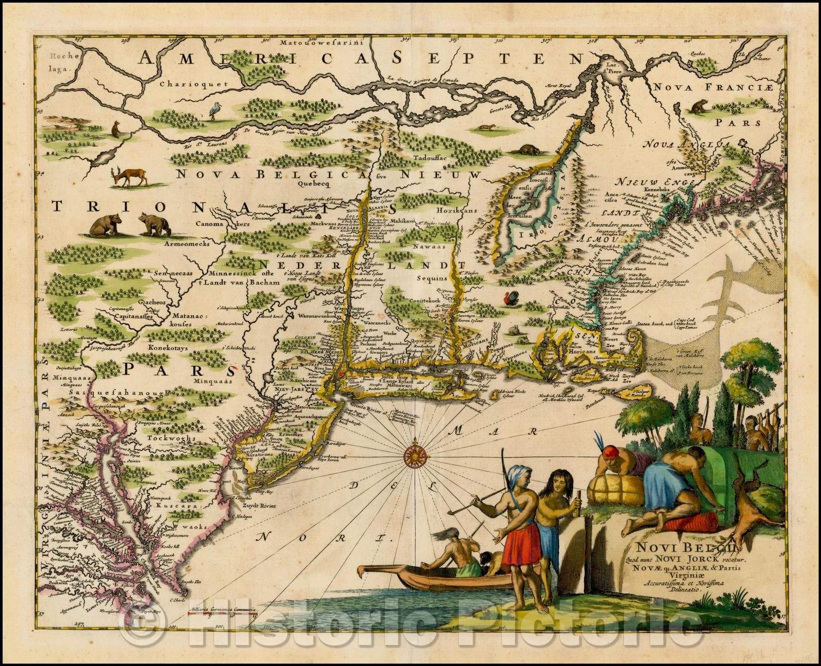 Historic Map - Novi Belgii Quod nunc Novi Jorck, vocatur Nova qe Angliae & Partis Virginiae Accuratissima et Novissima Delineatio, 1670, John Ogilby - Vintage Wall Art