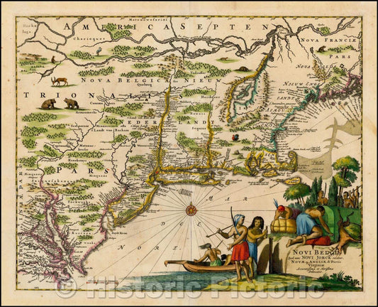 Historic Map - Novi Belgii Quod nunc Novi Jorck, vocatur Nova qe Angliae & Partis Virginiae Accuratissima et Novissima Delineatio, 1670, John Ogilby - Vintage Wall Art