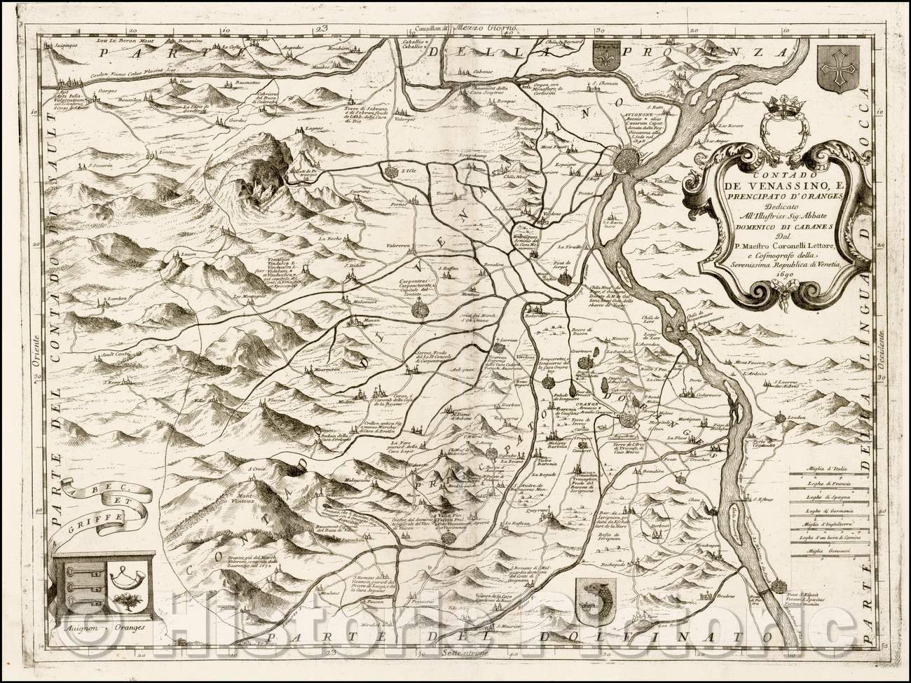 Historic Map - Contado De Venassino, E Prencipato D'Oranges/Comtat spot, and Prencipato Of Oranges. (Avignon etc.), 1690, Vincenzo Maria Coronelli - Vintage Wall Art