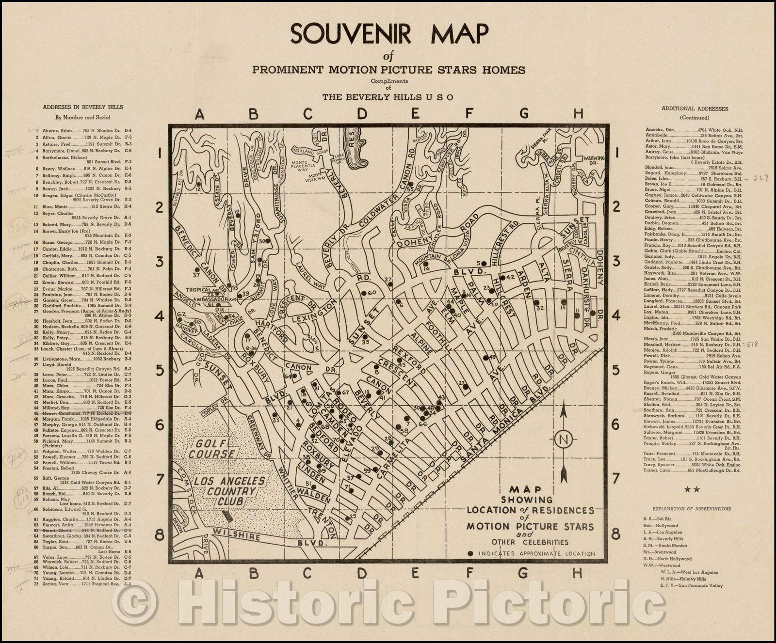 Historic Map - Souvenir Map of Prominent Motion Picture Stars Homes Compliments of the Beverly Hills USO, 1940, Anonymous v1