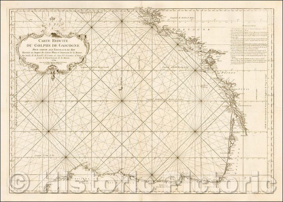 Historic Map - Carte Reduite Du Golphe de Gascogne/Reduite Map Of gulph of Biscay. 1750, 1751, Jacques Nicolas Bellin - Vintage Wall Art