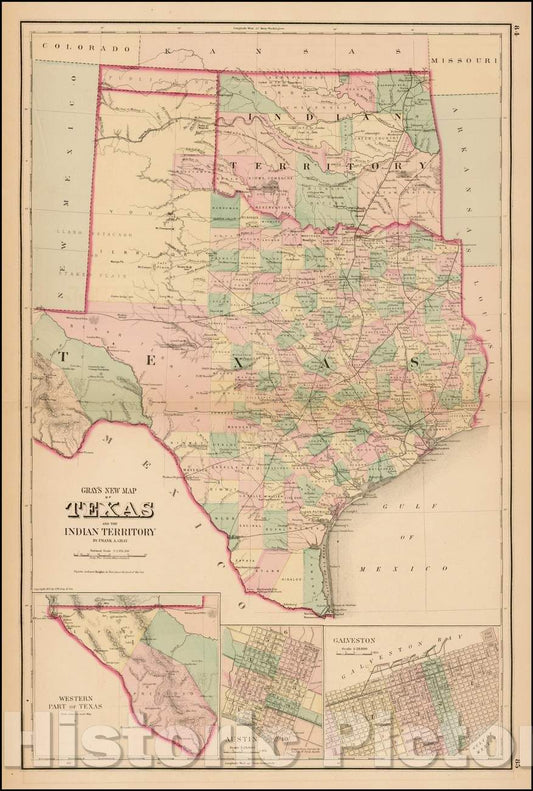 Historic Map - Gray's New Map of Texas and The Indian Territory, 1873, O.W. Gray - Vintage Wall Art