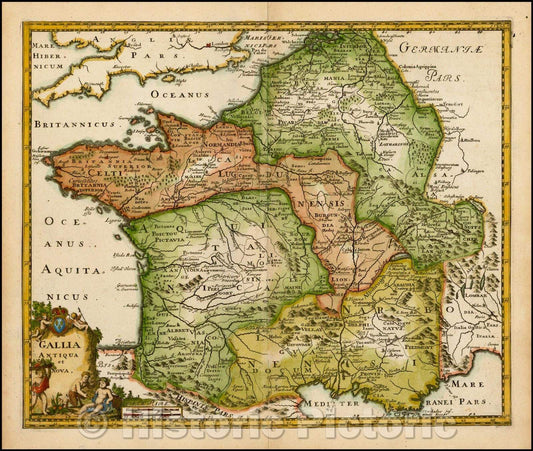 Historic Map - Gallia Antiqua et Nova/Map of all of France, 1697, Philipp Cl?ver - Vintage Wall Art