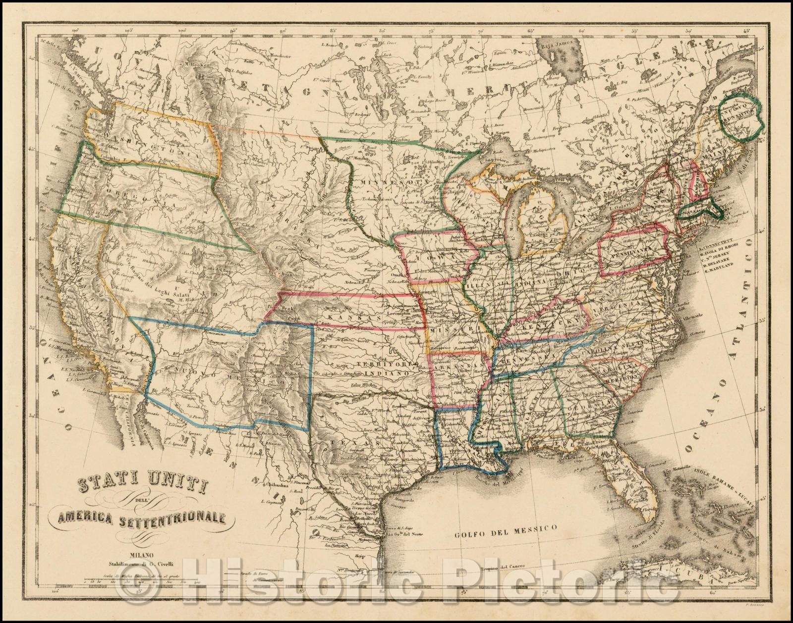 Historic Map - Stati Uniti Dell' America Settentrionale, 1855, G. Civelli - Vintage Wall Art