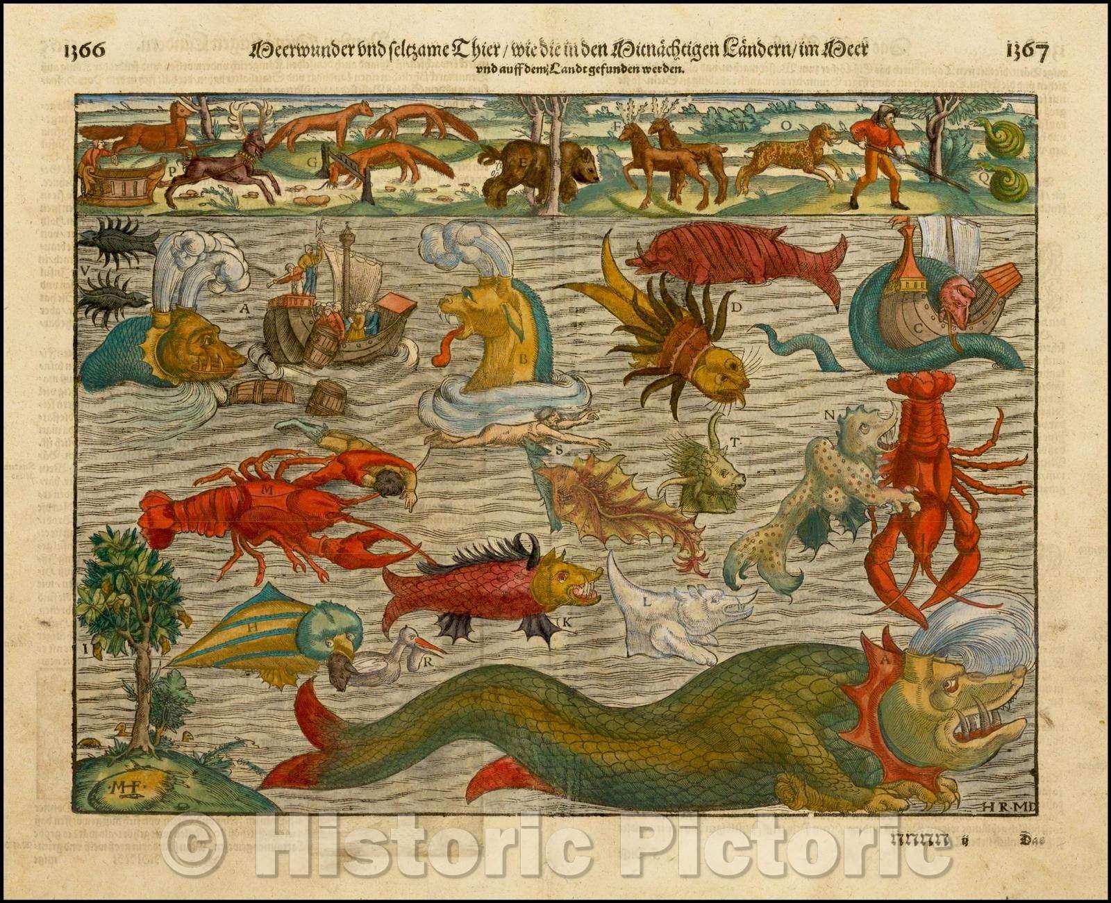 Historic Map - Meerwunder und Seltzame Thier/Wie Die In Den Mitnac?igen Landern Gefunden Werden Munster's Famous Chart of Sea Monsters, 1570, Sebastian M?nster v3
