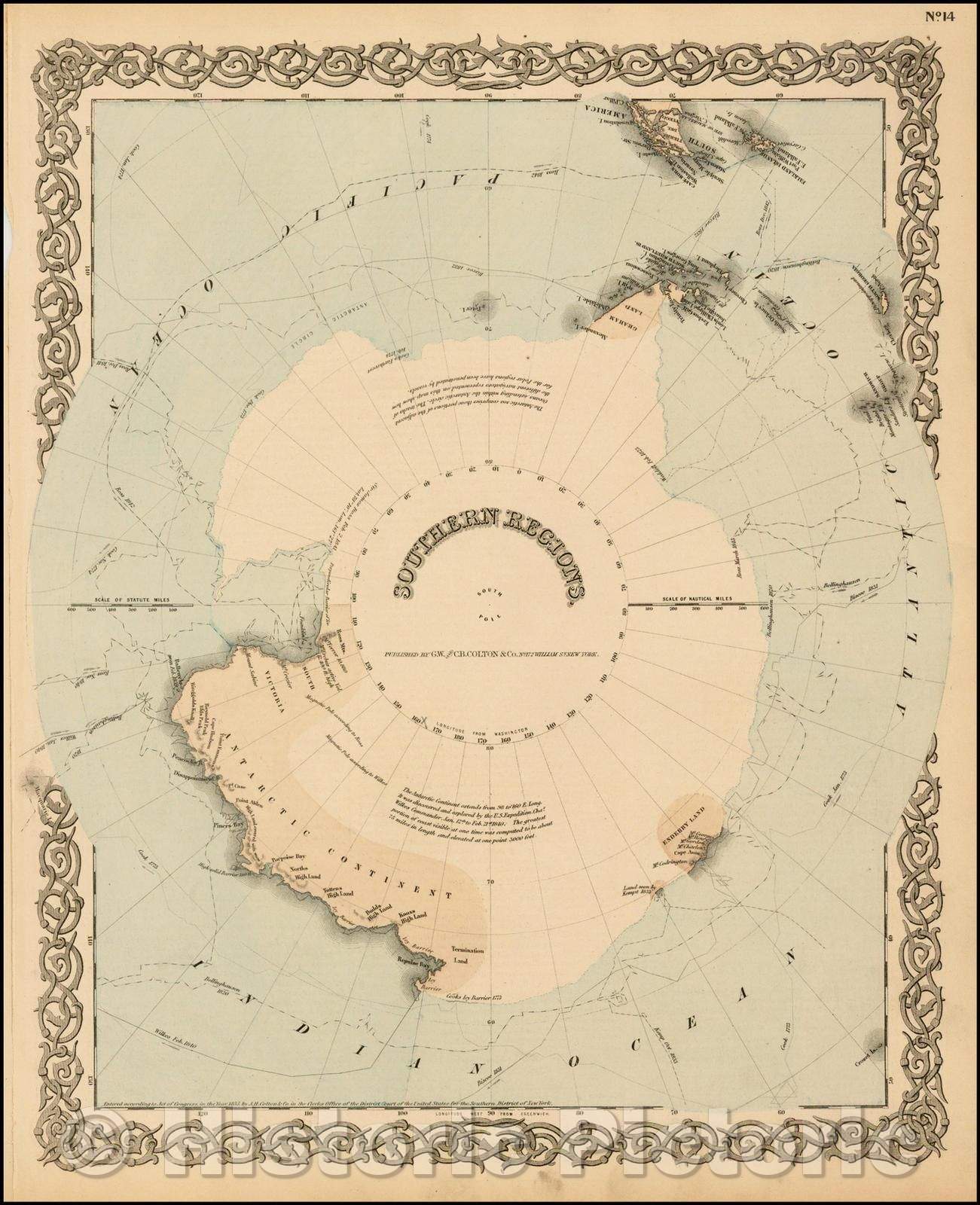 Historic Map - Southern Regions South Pole, 1865, G.W. & C.B. Colton - Vintage Wall Art