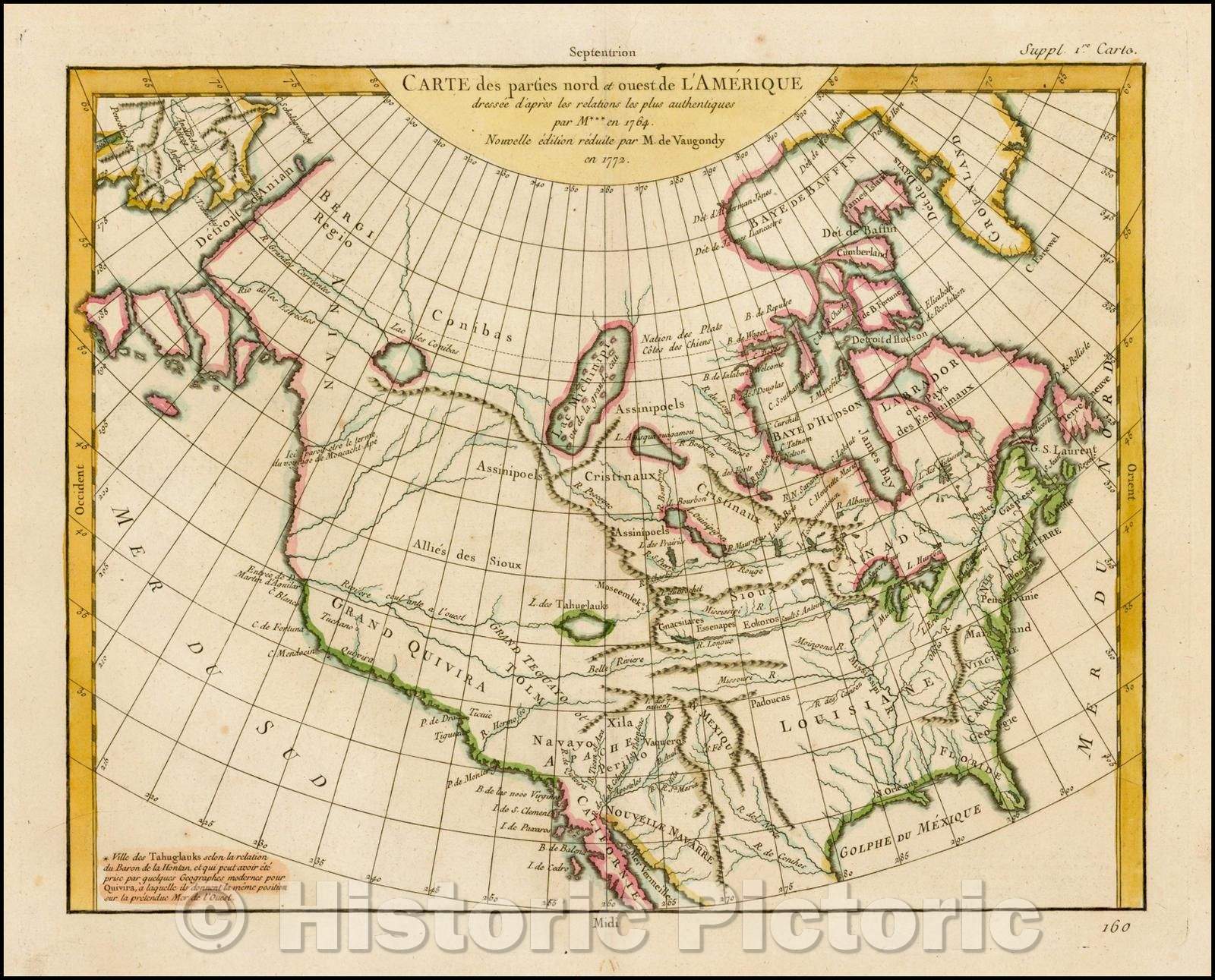 Historic Map - Carte des parties nord et ouest de L'Amerique dressee de apres les relations les plus authentiques, 1772, Didier Robert de Vaugondy - Vintage Wall Art