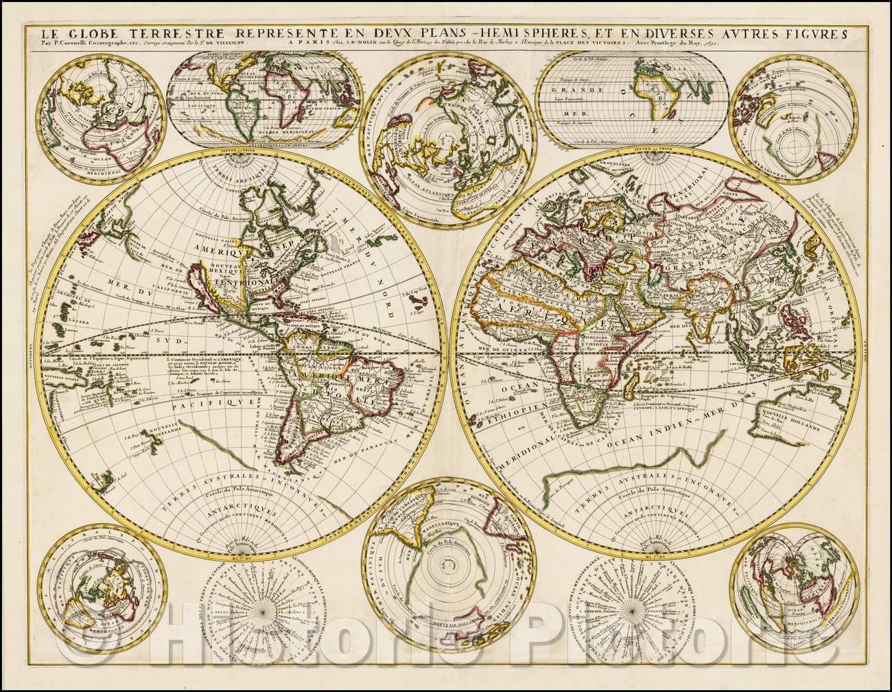 Historic Map - Le Globe Terrestre Represente En Deux Plans-Hemispheres et en Diverses Autres Figures, 1690, Jean-Baptiste Nolin v1