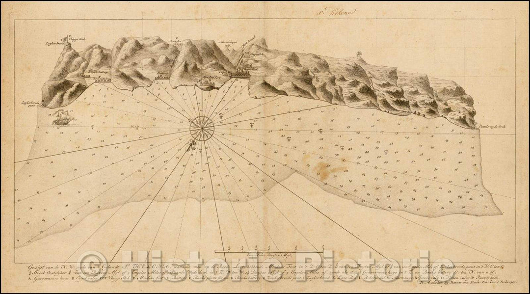 Historic Map - Gezigt van de N.W. zyde van 't Eylandt St. Helena/View/Sea Chart of St. Helena, 1735, Johannes II Van Keulen - Vintage Wall Art