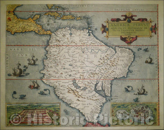 Historic Map - Americae Peruvi Aque Ita ut Postremum Detecta Traditur Recens Delineatio :: America Peru water, as reported recently that finally Unfolded Brazil, 1578 - Vintage Wall Art