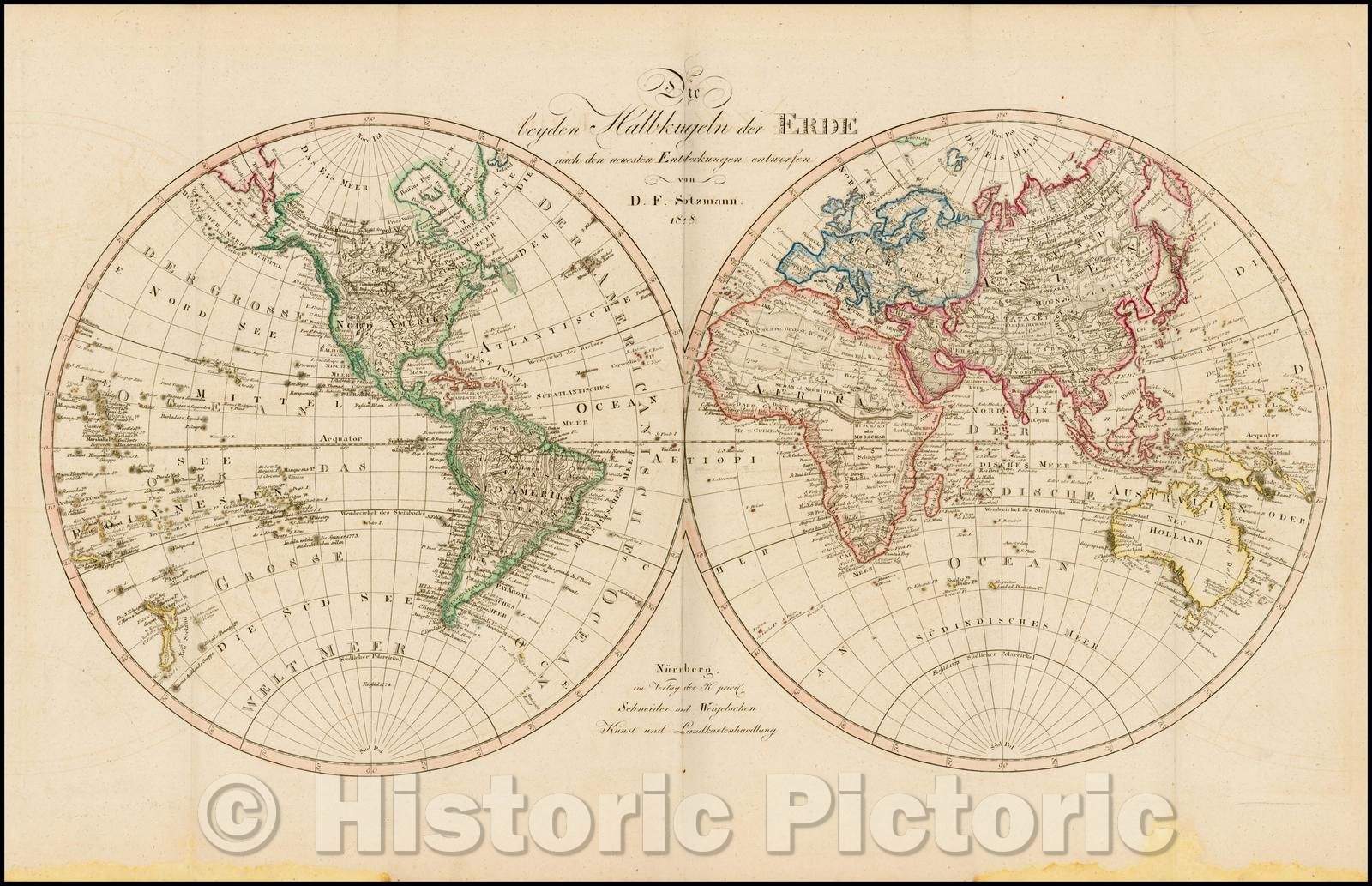 Historic Map - Die beyden Habkugeln der Erde, 1818, Daniel Friedrich Sotzmann - Vintage Wall Art